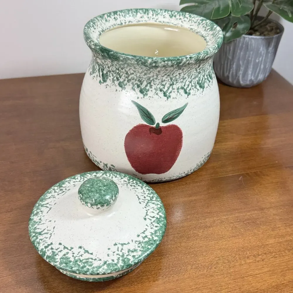 Vintage 80s Apple Cookie Jar Canister Medium Green Spongeware Ceramic Signed